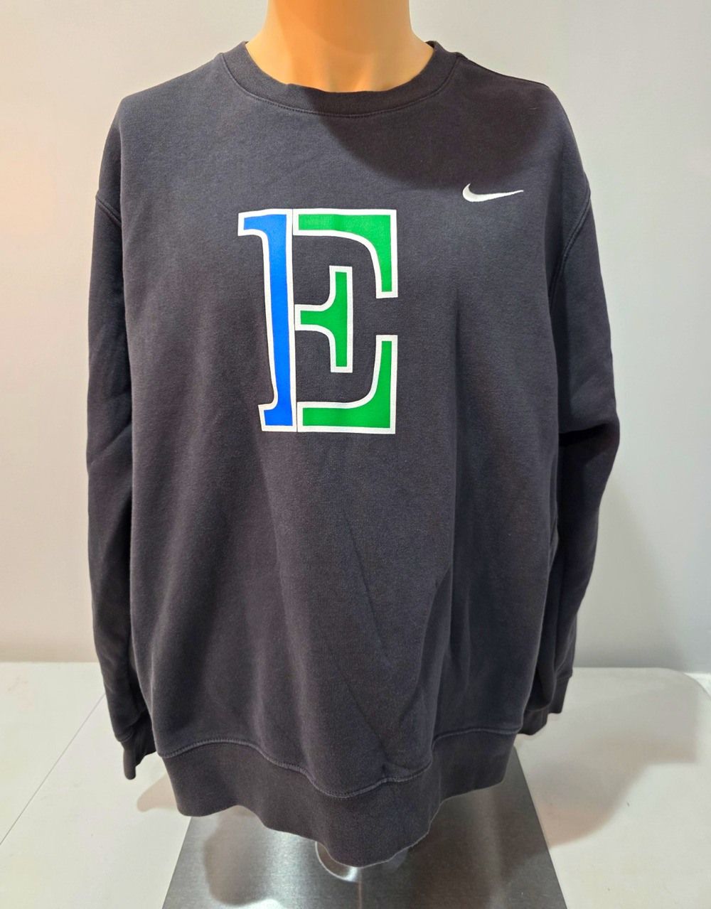 Nike E Logo Sweatshirt Mens Large Charcoal Blue Green Graphic Crewneck
